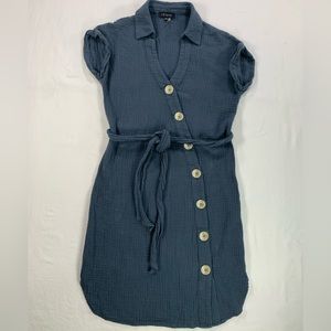 Asymmetrical Button-Down Shirtdress Belted Dress Blue Grey‎ Women’s Size XXS